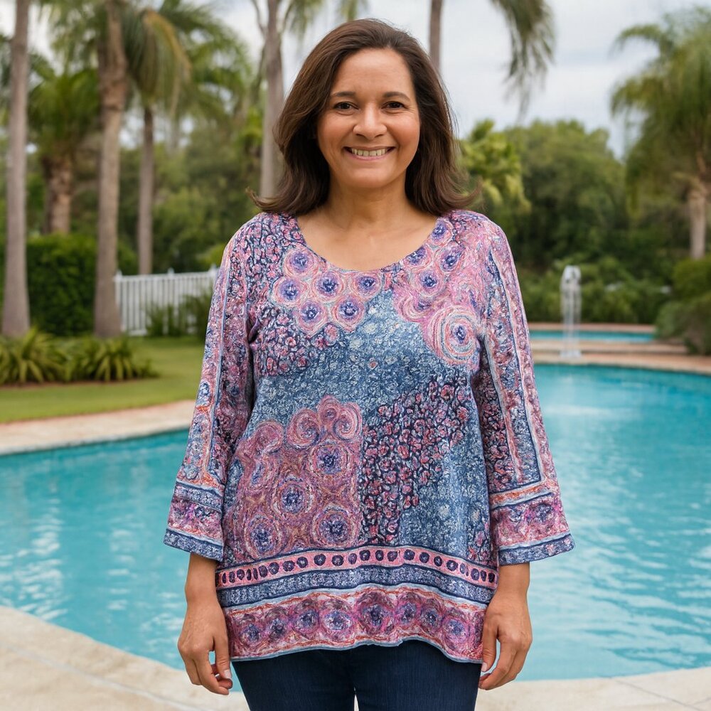Chico's Tile Print Kimono-Sleeve Blouse Size 1 (Medium). V neck and bell sleeves - Picture 1 of 7